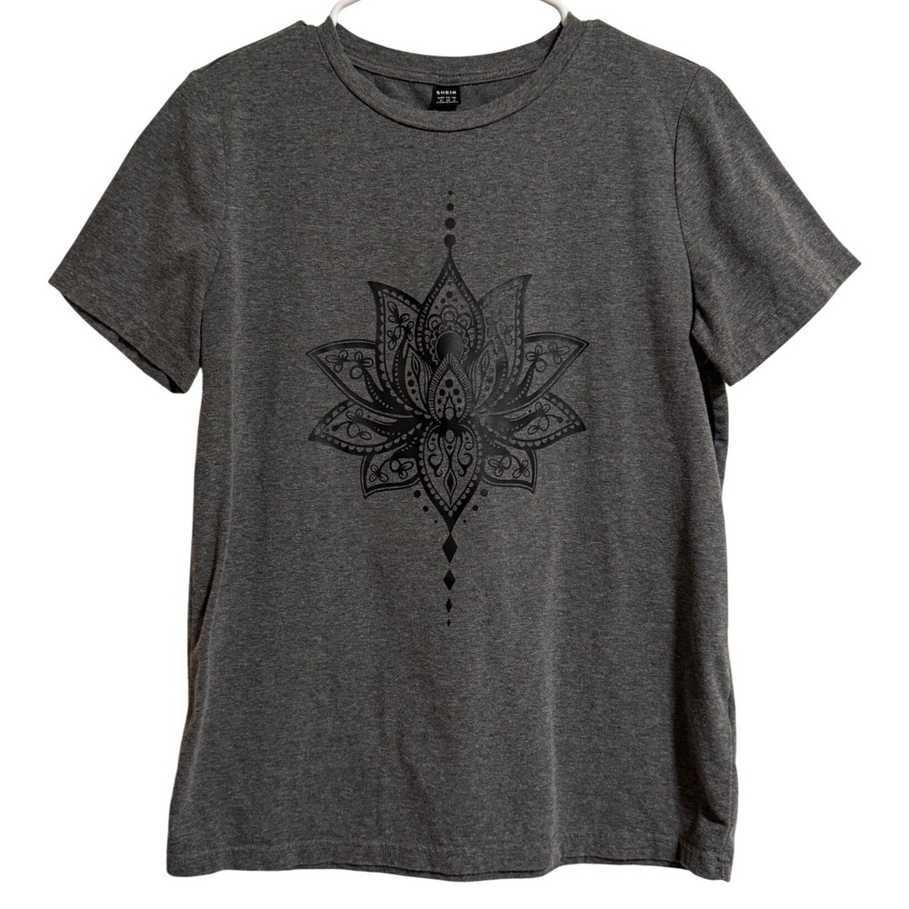 SHEIN Womens Grey Lotus Flower Graphic Short Sleeve Crewneck T-Shirt Size M
